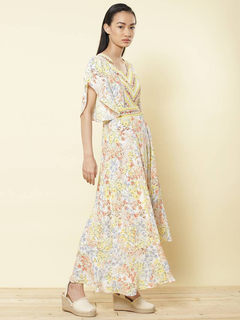 V Neck Half Sleeves Printed Long Dress
