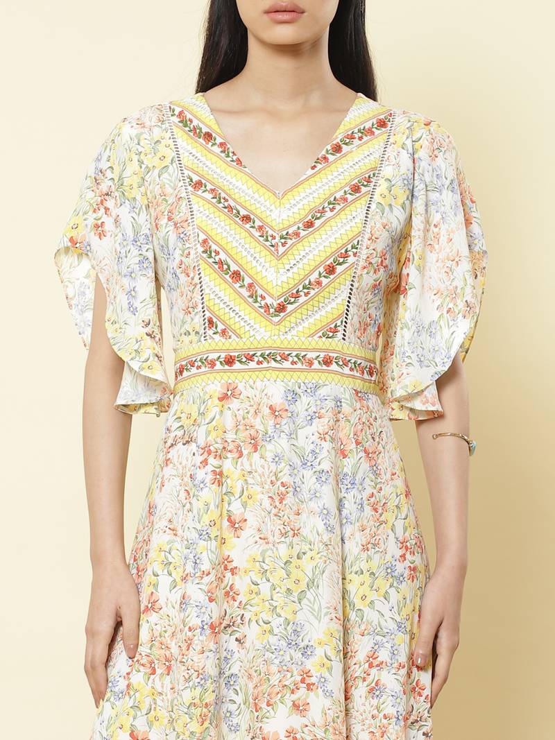 V Neck Half Sleeves Printed Long Dress