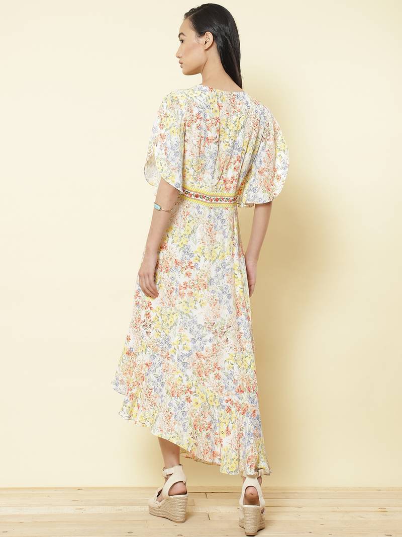 V Neck Half Sleeves Printed Long Dress