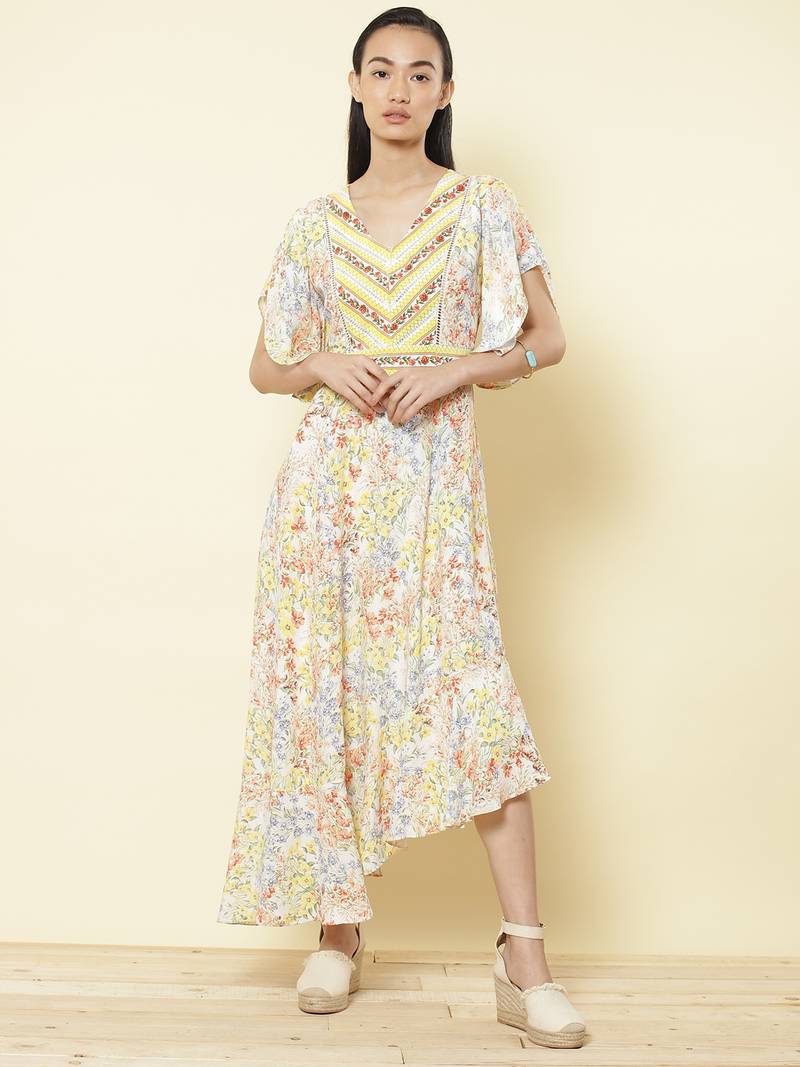 V Neck Half Sleeves Printed Long Dress