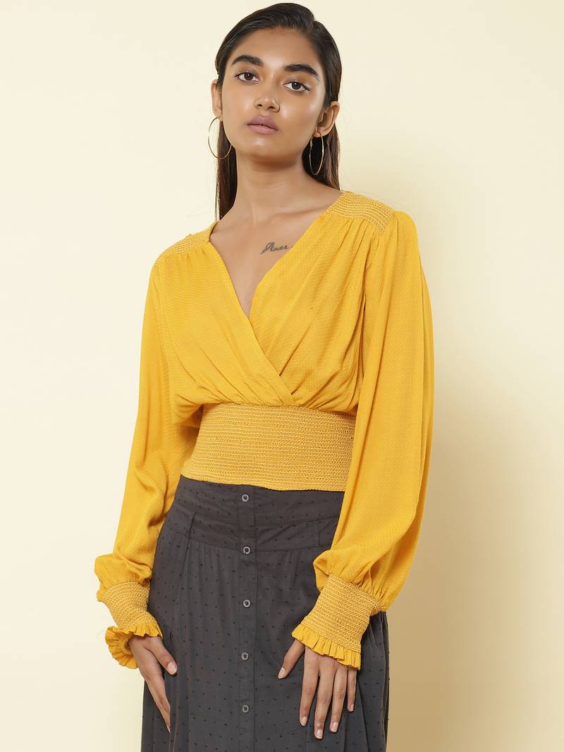 V Neck Full Sleeves Solid Short Top