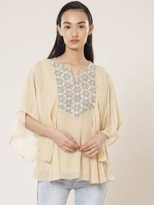 Round Neck Full Seeves Embroidered Solid Short Top 2