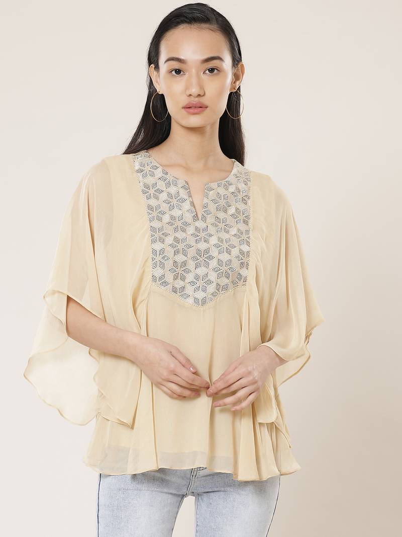 Round Neck Full Seeves Embroidered Solid Short Top