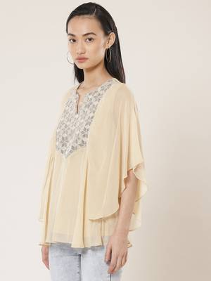 Round Neck Full Seeves Embroidered Solid Short Top 3