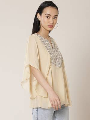 Round Neck Full Seeves Embroidered Solid Short Top 4