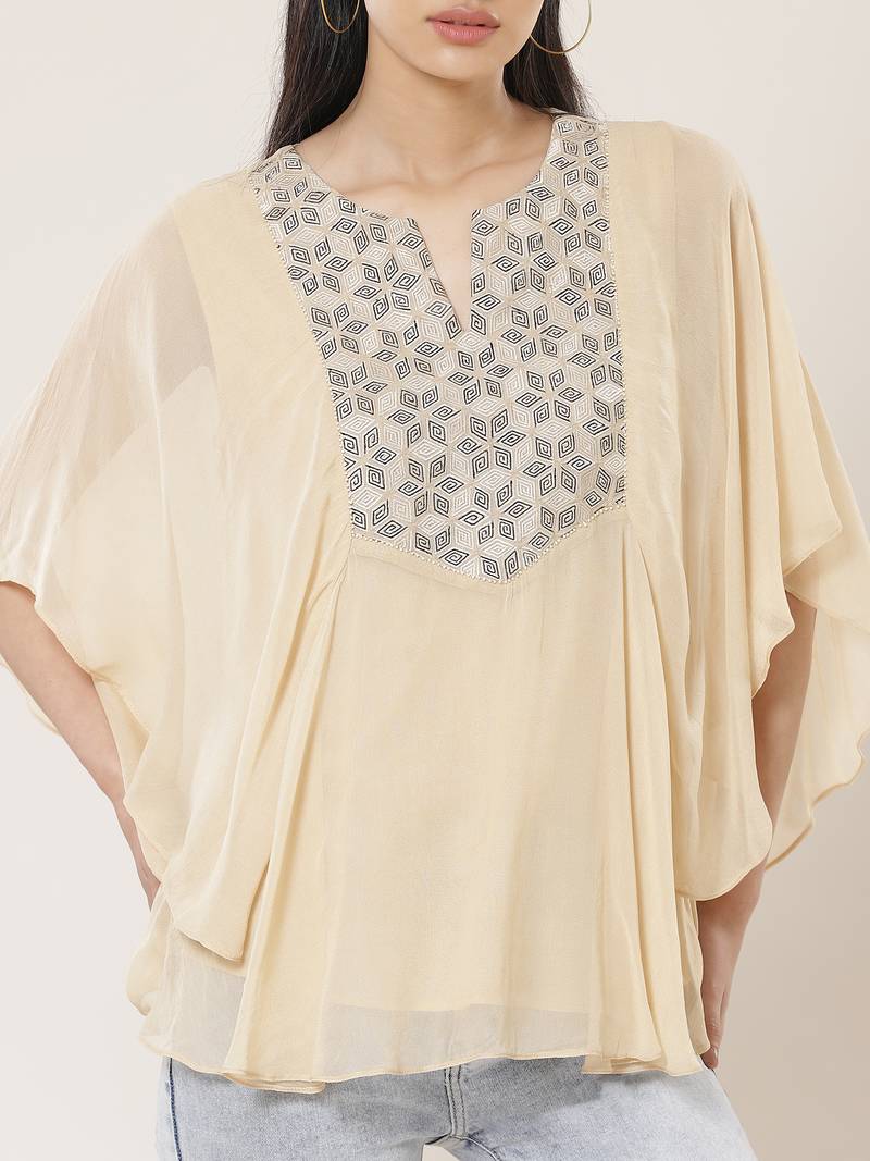 Round Neck Full Seeves Embroidered Solid Short Top
