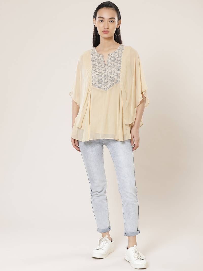 Round Neck Full Seeves Embroidered Solid Short Top