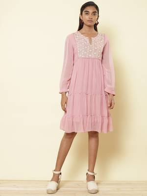 Round Neck 3/4Th Sleeve Embroidered Solid Long Dress 1