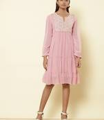 Round Neck 3/4Th Sleeve Embroidered Solid Long Dress