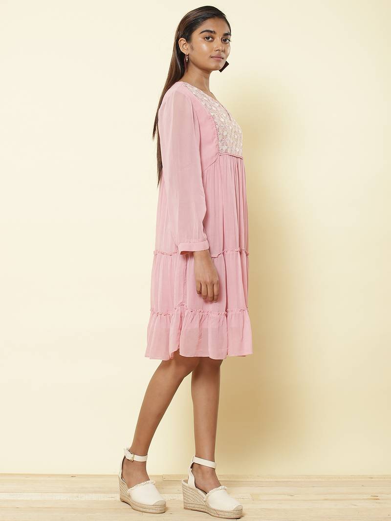 Round Neck 3/4Th Sleeve Embroidered Solid Long Dress