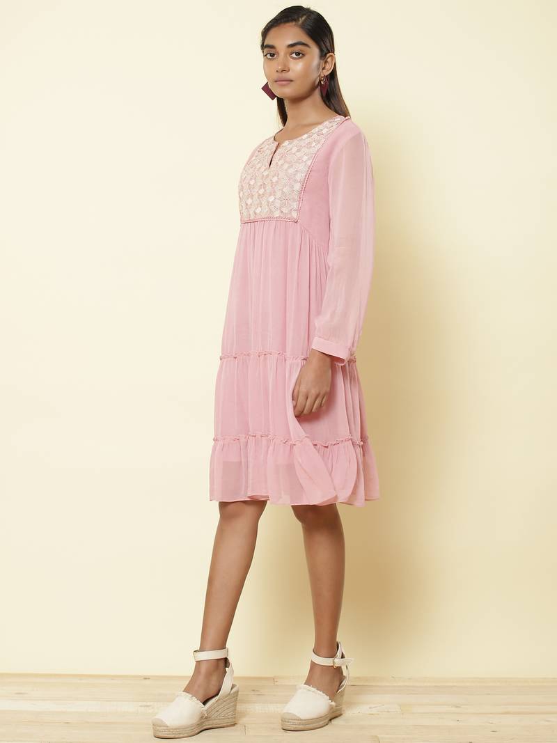 Round Neck 3/4Th Sleeve Embroidered Solid Long Dress