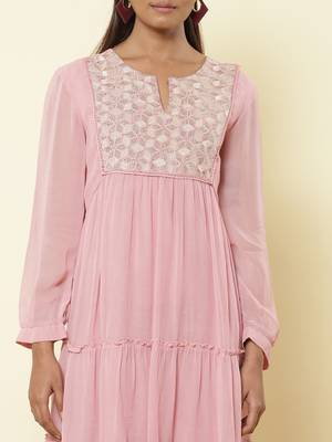 Round Neck 3/4Th Sleeve Embroidered Solid Long Dress 4
