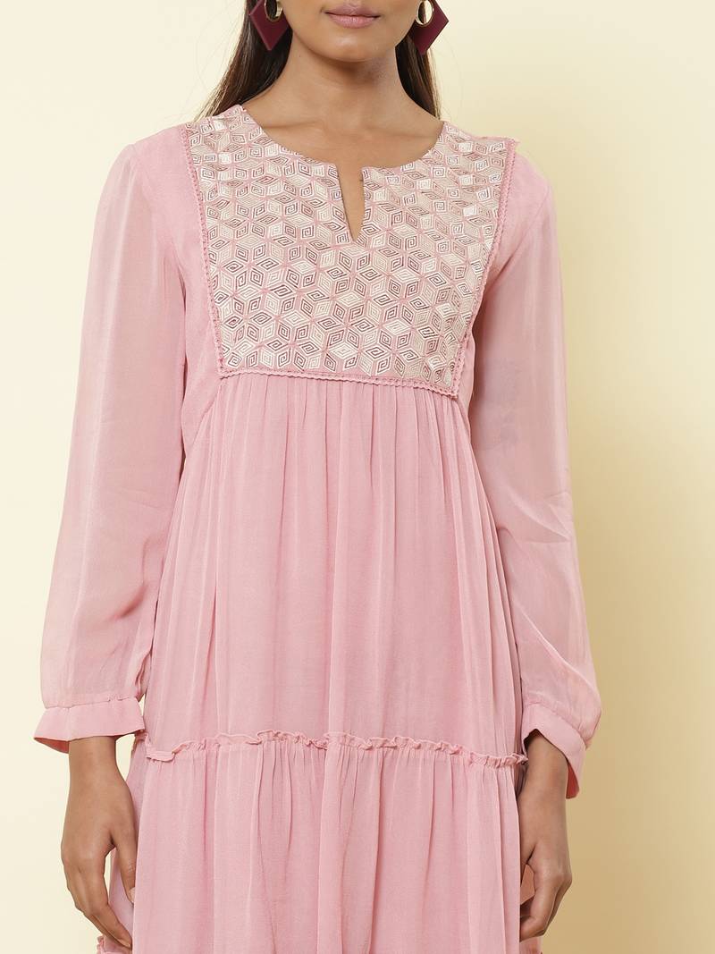Round Neck 3/4Th Sleeve Embroidered Solid Long Dress