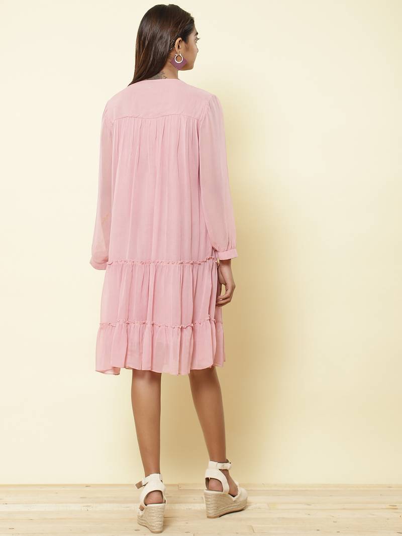 Round Neck 3/4Th Sleeve Embroidered Solid Long Dress