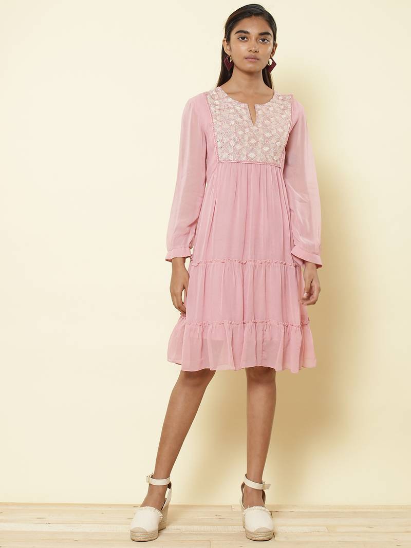 Round Neck 3/4Th Sleeve Embroidered Solid Long Dress