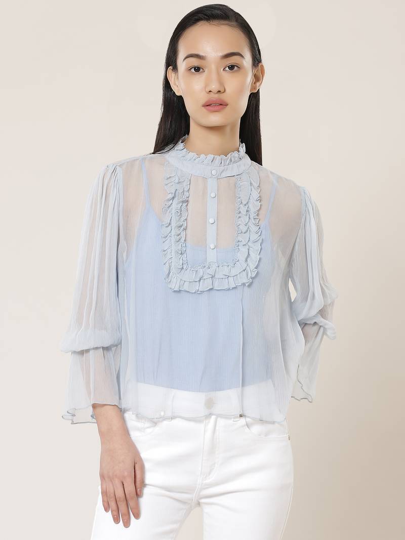 Band Neck Full Sleeves Solid Short Top