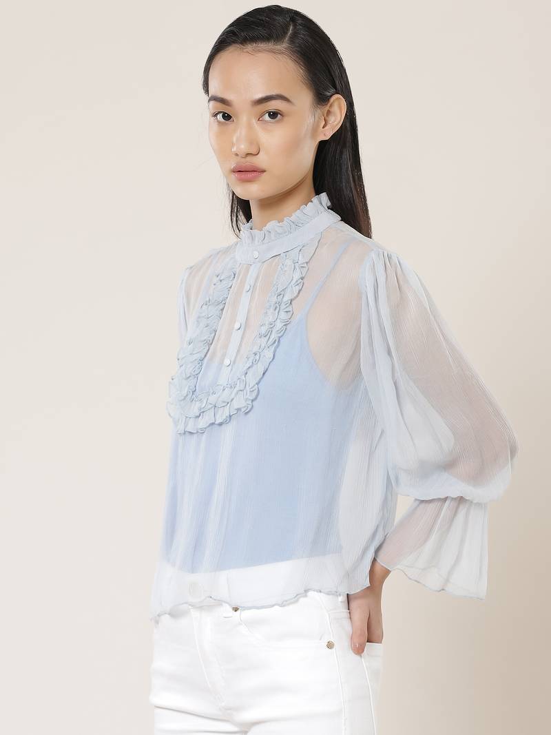 Band Neck Full Sleeves Solid Short Top