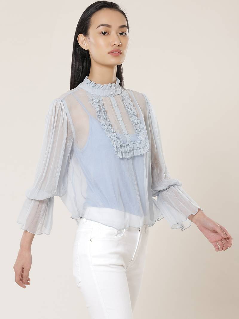 Band Neck Full Sleeves Solid Short Top