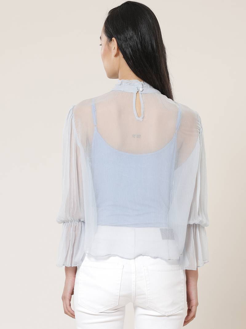 Band Neck Full Sleeves Solid Short Top