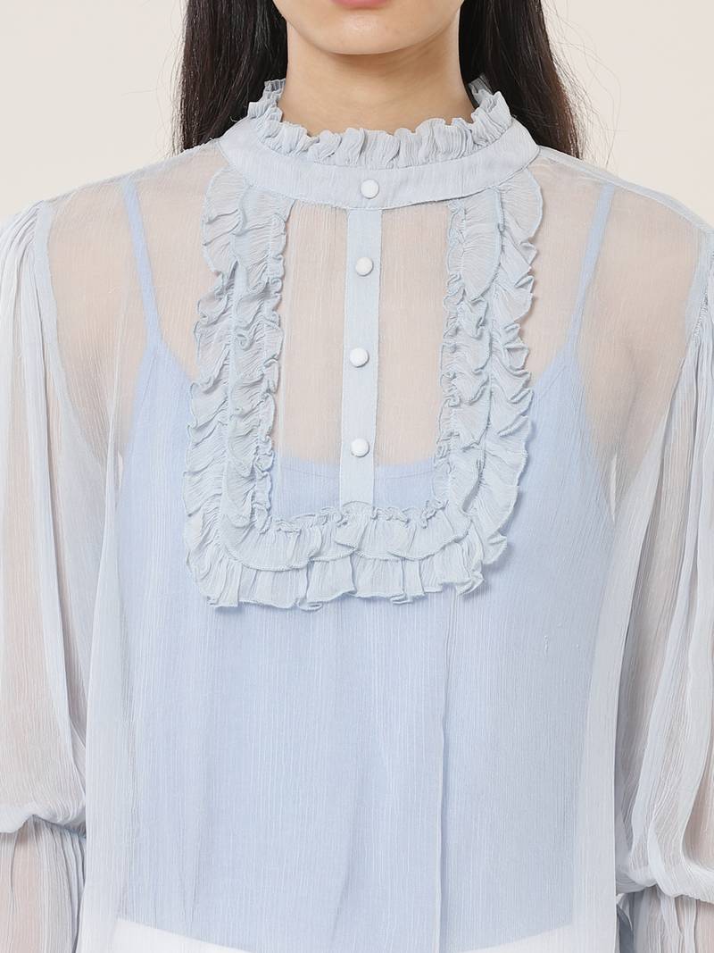 Band Neck Full Sleeves Solid Short Top