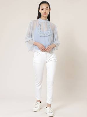 Band Neck Full Sleeves Solid Short Top 7