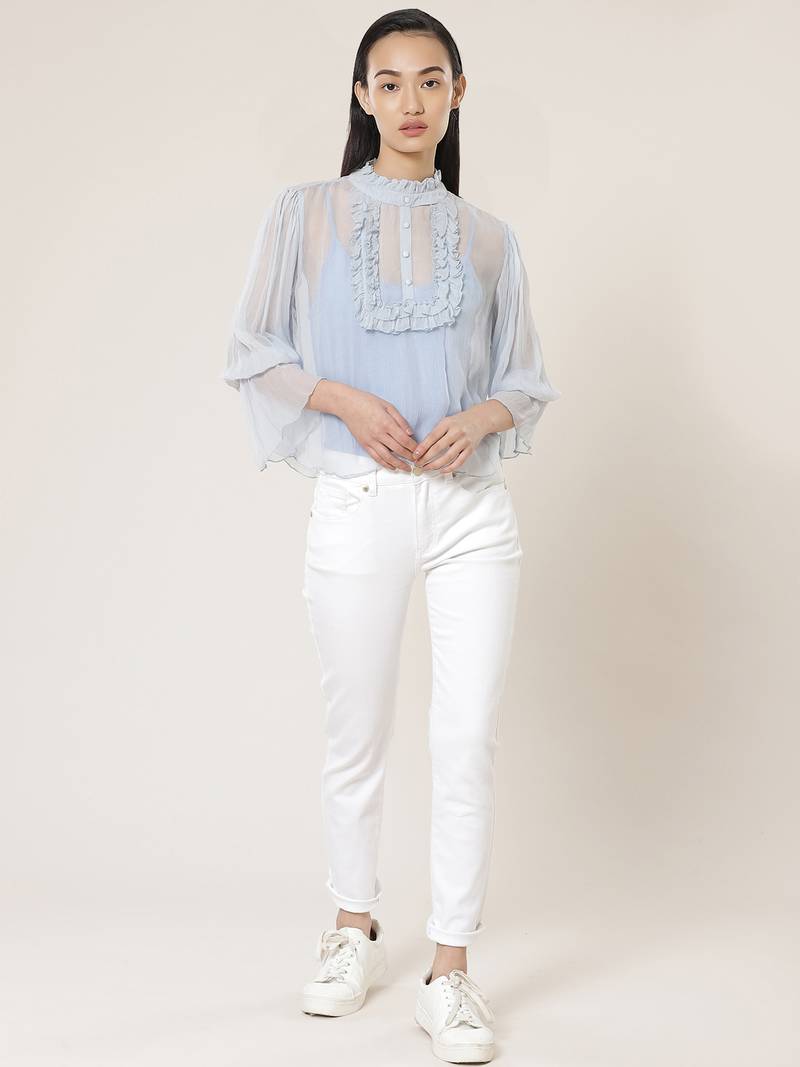 Band Neck Full Sleeves Solid Short Top