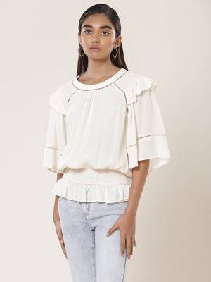 Round Neck Half Sleeves Solid Short Top 2
