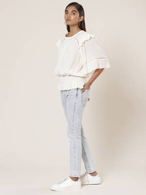 Round Neck Half Sleeves Solid Short Top 6