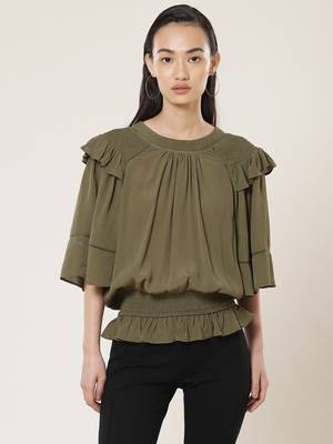 Round Neck Half Sleeves Solid Short Top 2