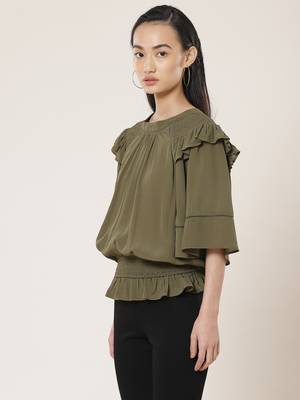 Round Neck Half Sleeves Solid Short Top 3