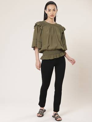 Round Neck Half Sleeves Solid Short Top 7