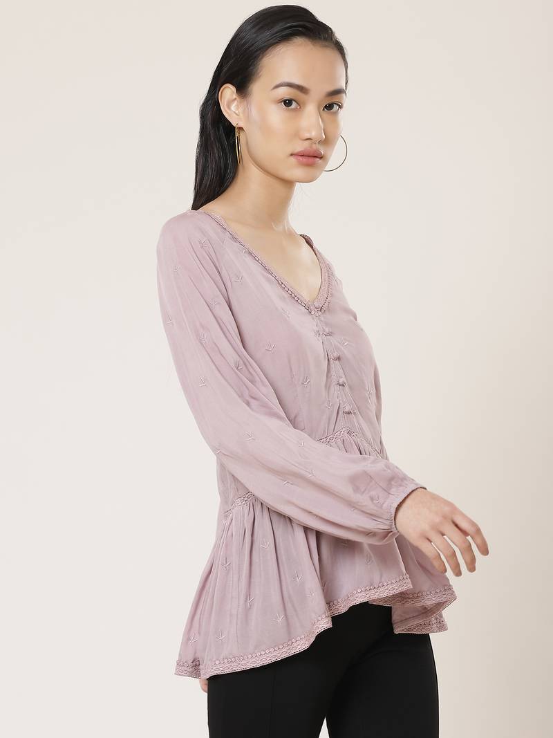 V Neck Full Sleeves Embroidered Short Top