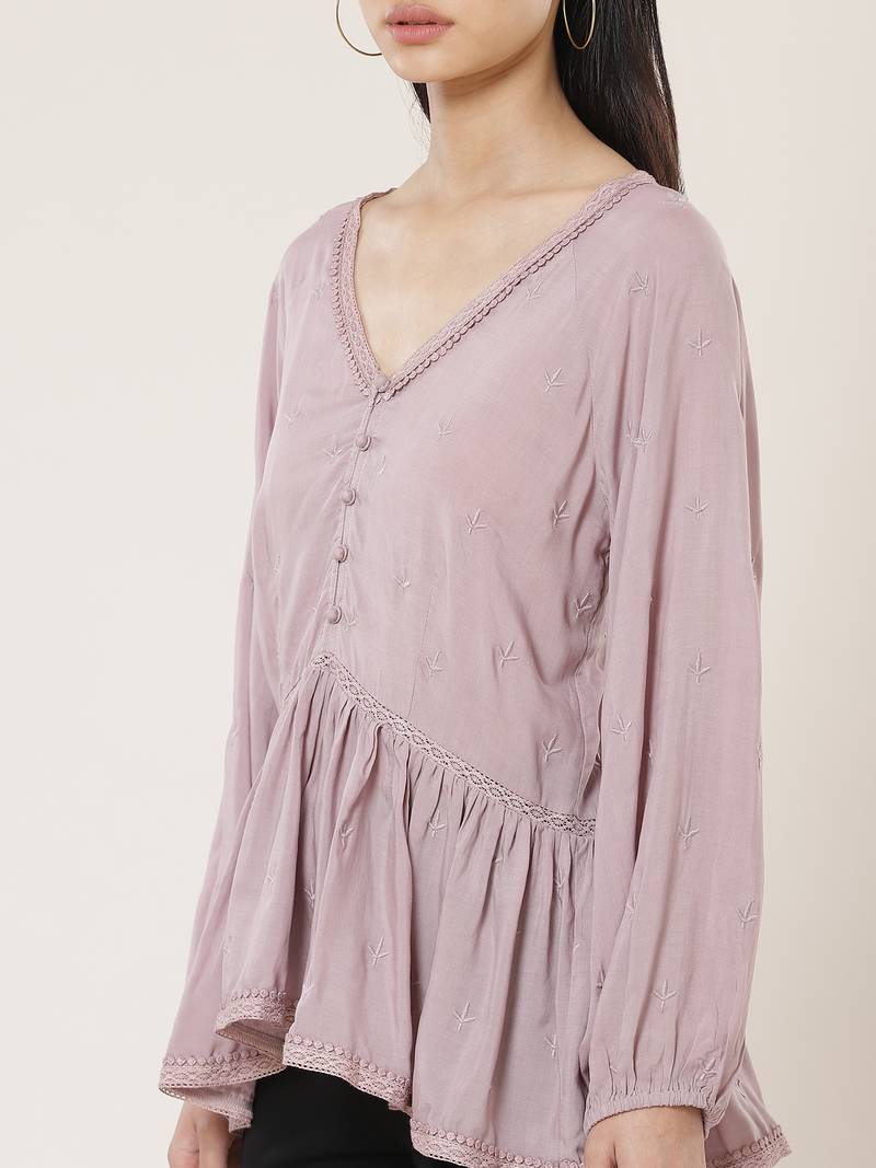 V Neck Full Sleeves Embroidered Short Top