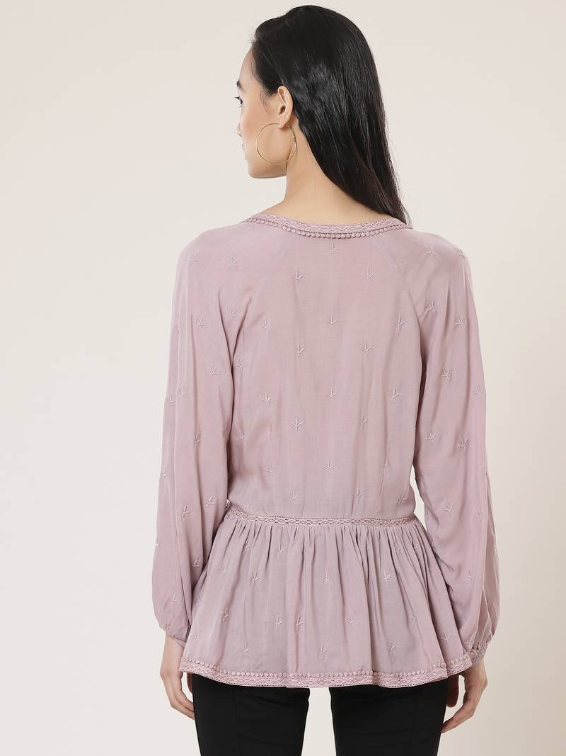 V Neck Full Sleeves Embroidered Short Top