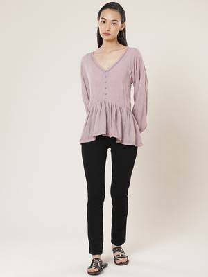 V Neck Full Sleeves Embroidered Short Top 1