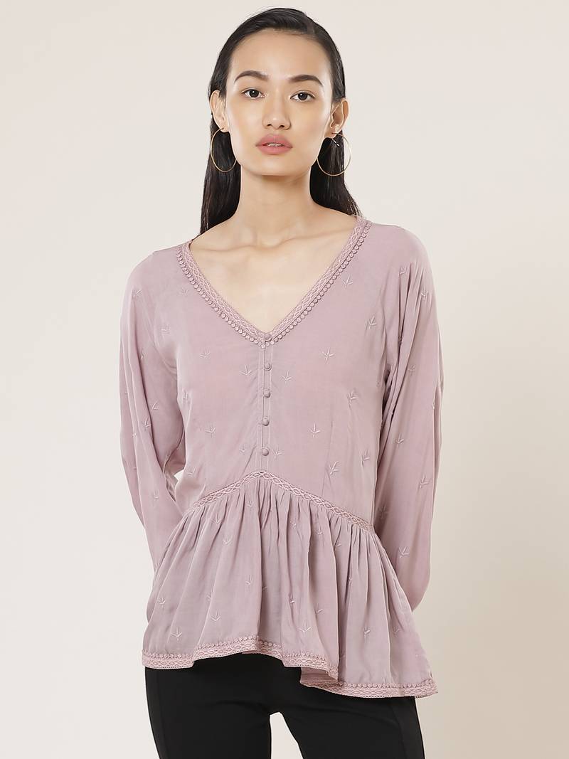 V Neck Full Sleeves Embroidered Short Top