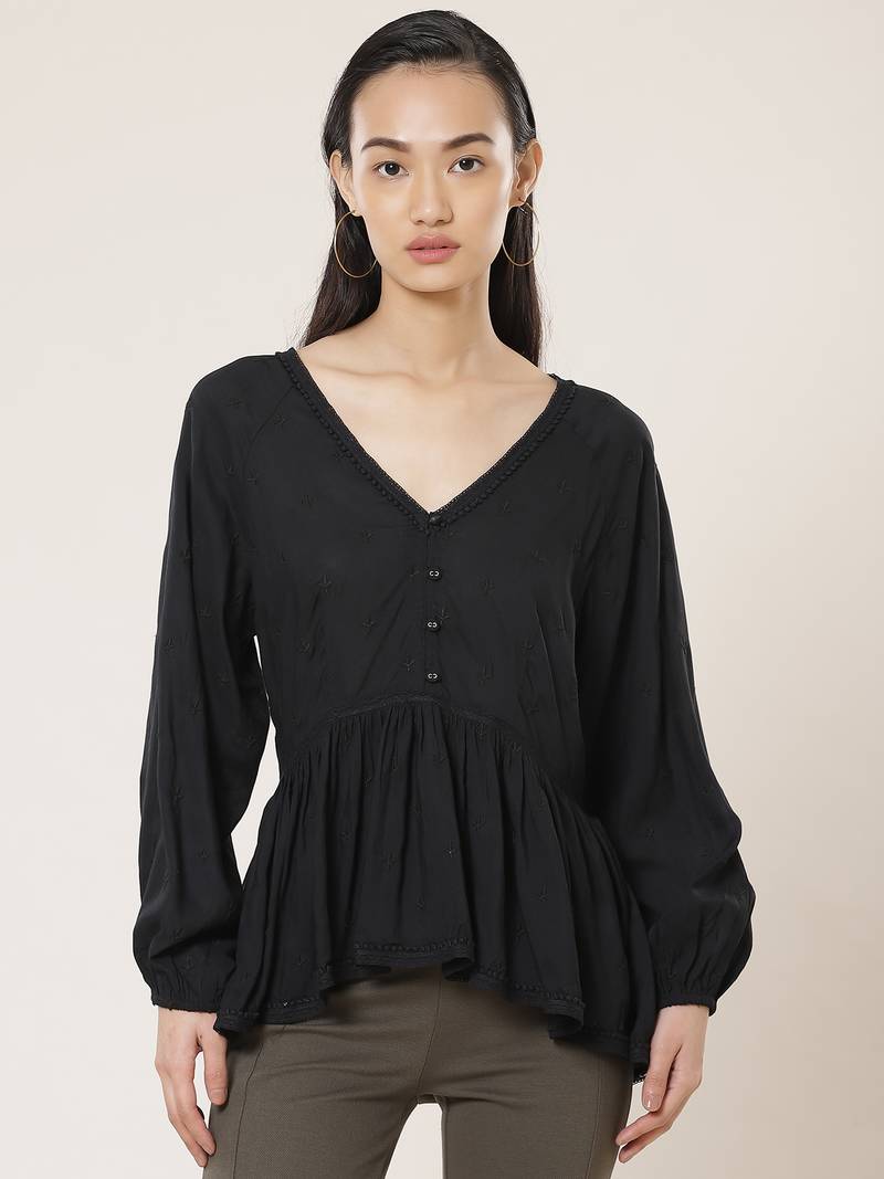 V Neck Full Sleeves Embroidered Short Top