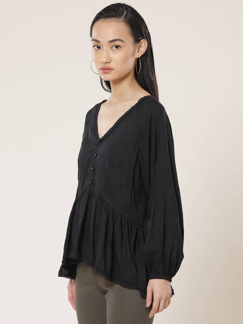 V Neck Full Sleeves Embroidered Short Top