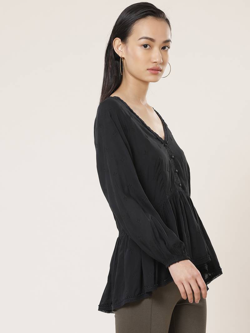 V Neck Full Sleeves Embroidered Short Top