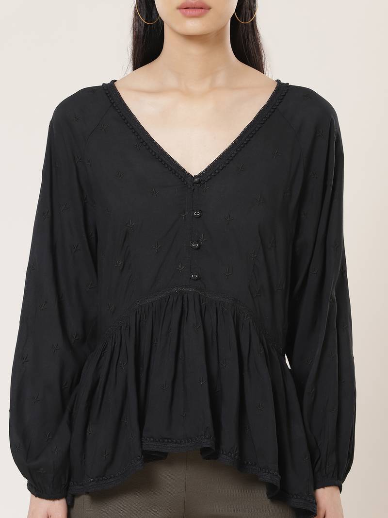 V Neck Full Sleeves Embroidered Short Top