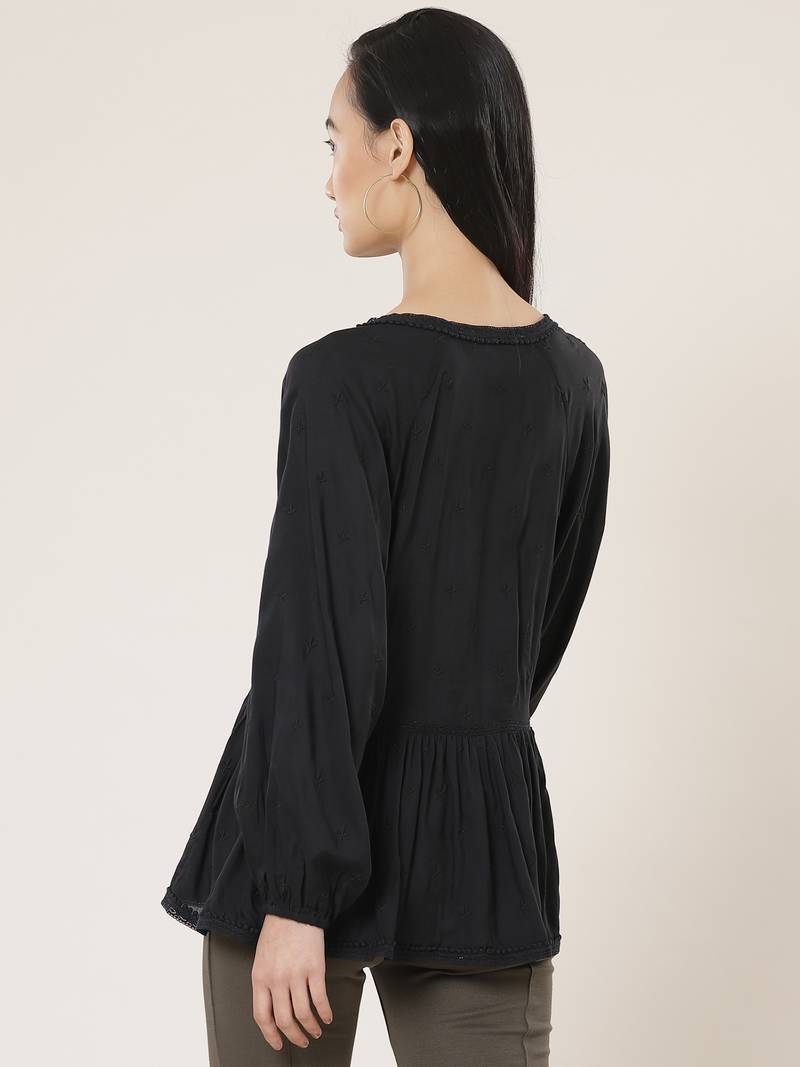 V Neck Full Sleeves Embroidered Short Top