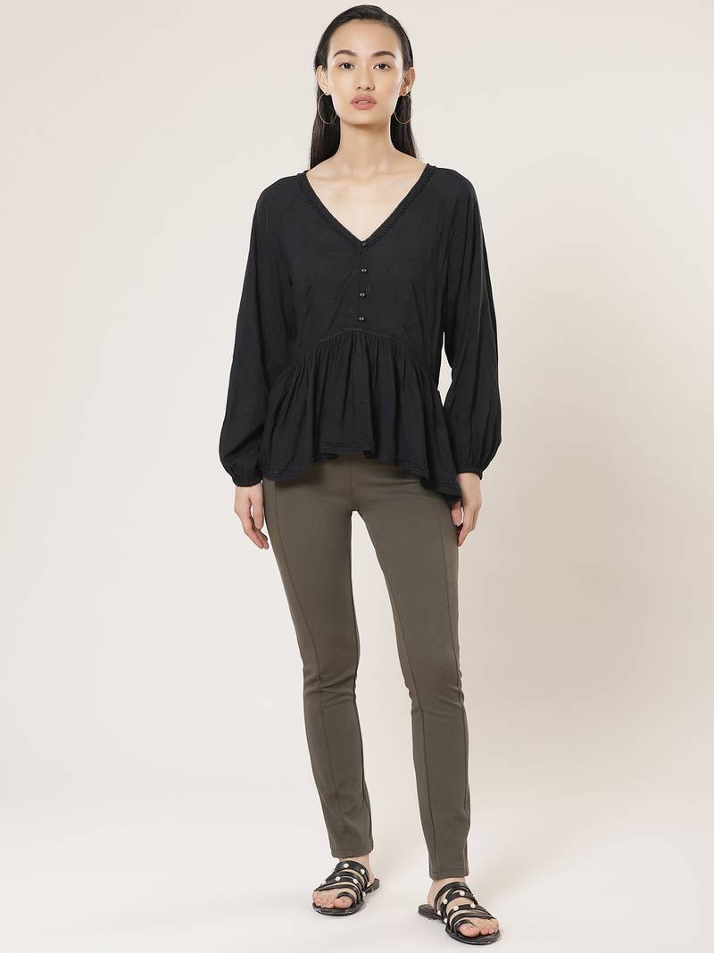 V Neck Full Sleeves Embroidered Short Top