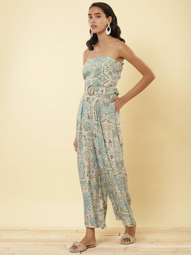 Ecru Printed Off Shoulder Jumpsuit