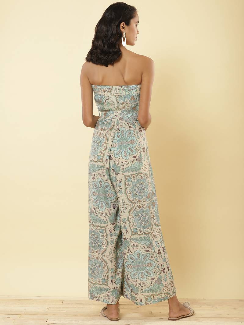 Ecru Printed Off Shoulder Jumpsuit