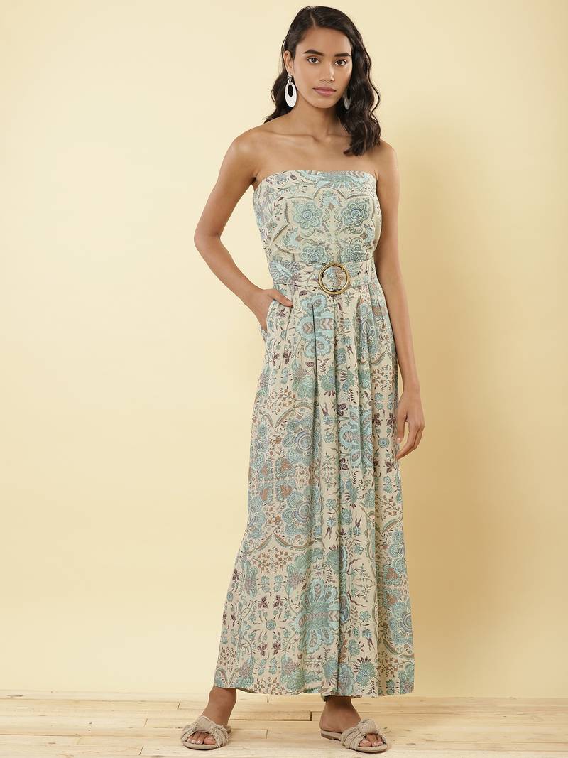 Ecru Printed Off Shoulder Jumpsuit