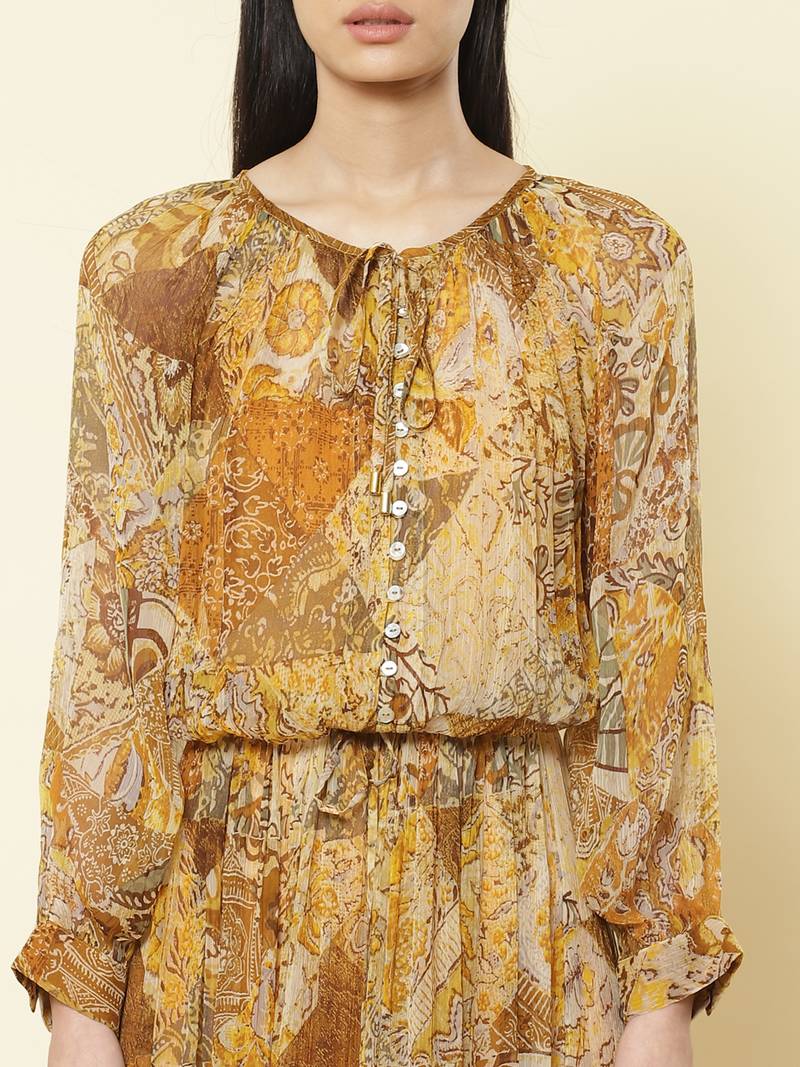 Gold & Brown Printed Maxi Dress