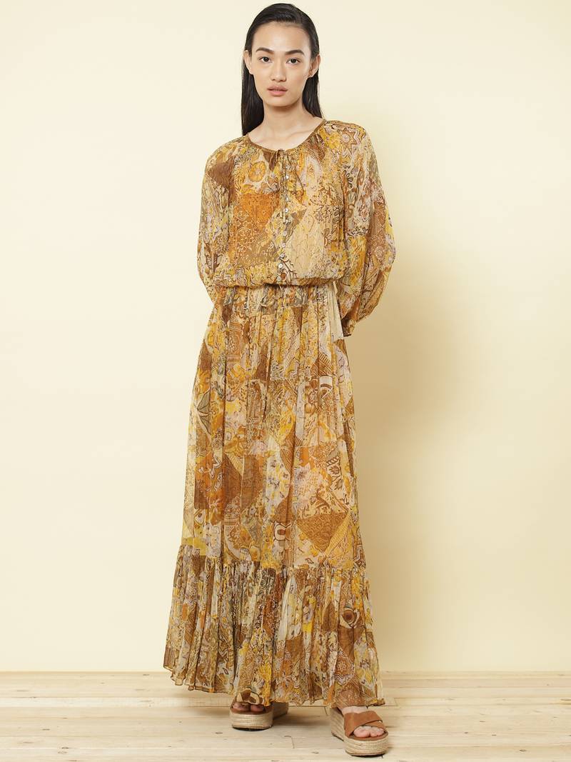 Gold & Brown Printed Maxi Dress