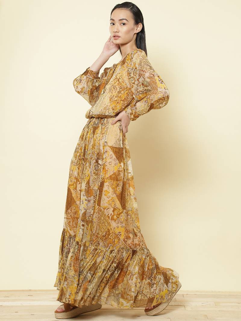 Gold & Brown Printed Maxi Dress