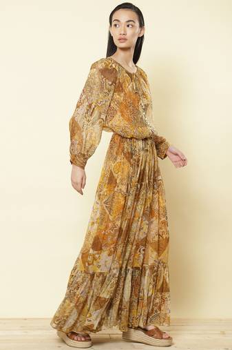 Gold & Brown Printed Maxi Dress