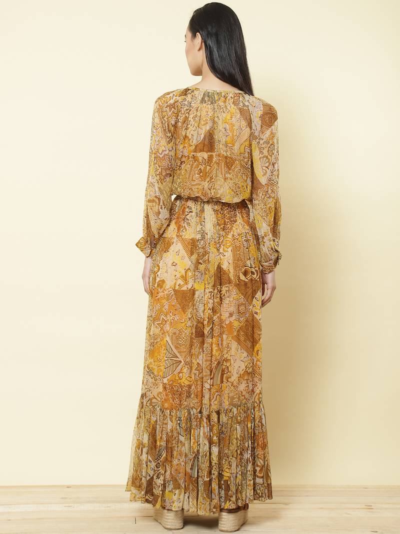 Gold & Brown Printed Maxi Dress